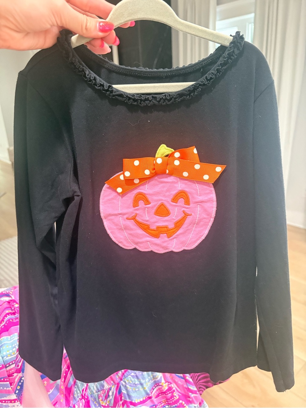 Kids Black Long-Sleeve Halloween Pumpkin Top with Pink Applique